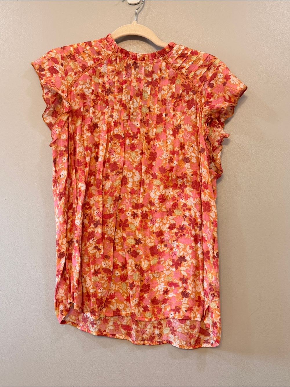 Nanette Lepore Coral Pink Floral Pleated Flutter-Sleeve Blouse size L